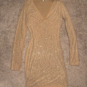 Fashion Nova Nude Sequin Long Sleeve Bodycon Dress